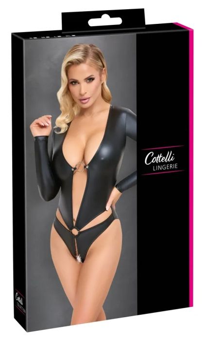 Cottelli LINGERIE Черно матово боди с дълги ръкави и отворен дизайн S/M