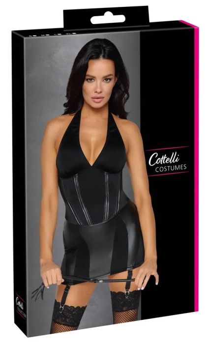 Cottelli COSTUMES Черна мини рокля с подвижни жартиери и камшик S/M