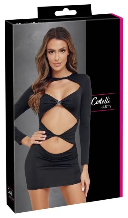 Cottelli PARTY Черна мини рокля с дълги ръкави, cut-out детайли и кристална халка S/M