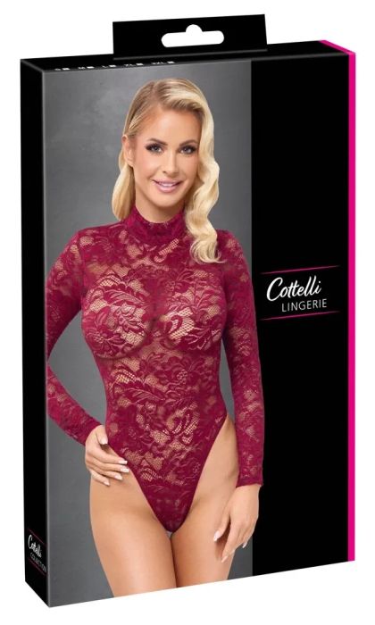 Cottelli LINGERIE Бордо дантелено боди с дълги ръкави и висока яка S/M