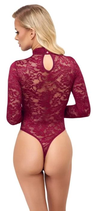 Cottelli LINGERIE Бордо дантелено боди с дълги ръкави и висока яка S/M