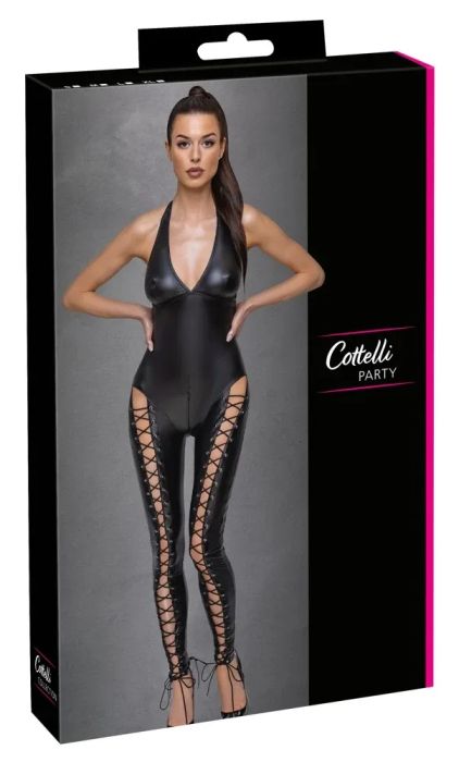 Cottelli PARTY Черен матов гащеризон с връзки и двупосочен цип S/M