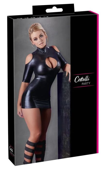 Cottelli PARTY Черна Wetlook мини рокля с отворени рамене и ефектно деколте S/M