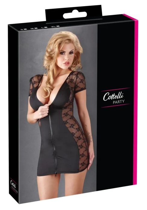Cottelli PARTY Черна мини рокля с дантелени вложки и двупосочен цип S/M