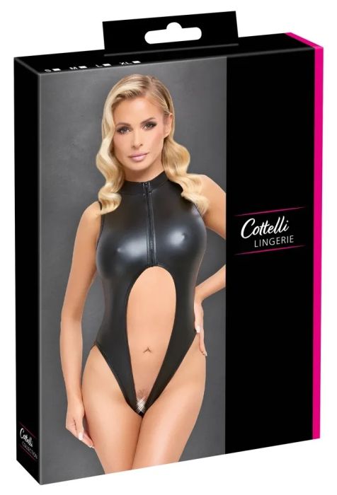 Cottelli LINGERIE Черно матово ouvert боди с цип и отворен дизайн S/M