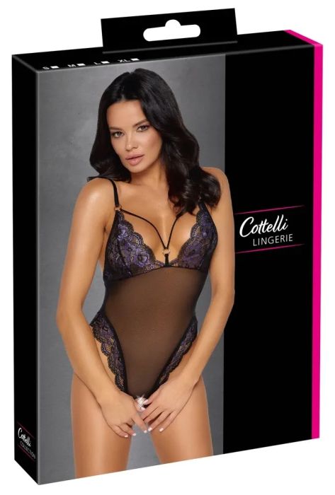 Cottelli LINGERIE Черно ouvert боди с лилава дантела и декоративни ленти S/M