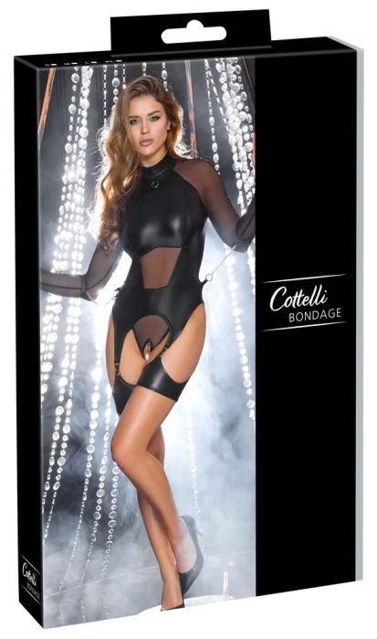 Cottelli BONDAGE Черно ouvert боди с жартиери, вериги и меки белезници S/M
