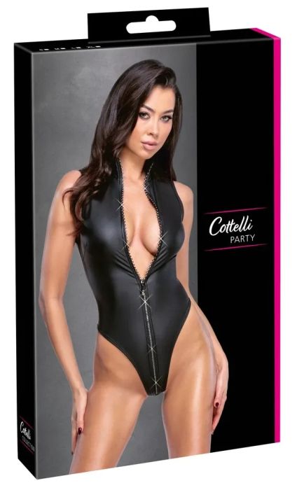 Cottelli PARTY Черно Rio боди с матов ефект и кристален цип S/M