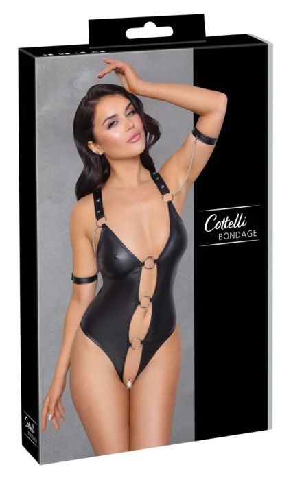 Cottelli BONDAGE Black Ouvert String Bodysuit with Rings & Restraint Cuffs S/M