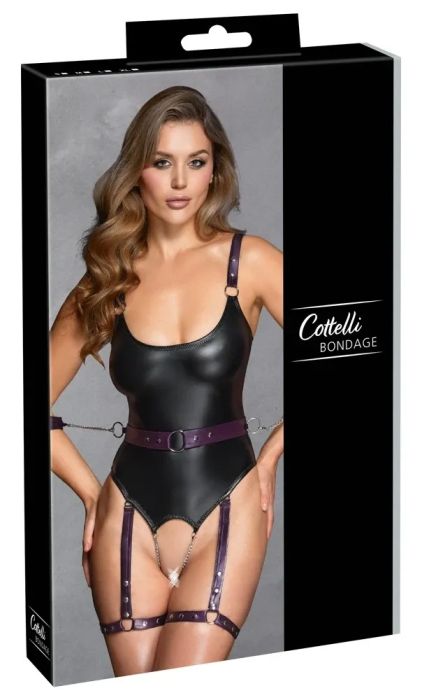 Cottelli BONDAGE Black Ouvert Bodysuit with Thigh Harness, Chains & Cuffs S/M