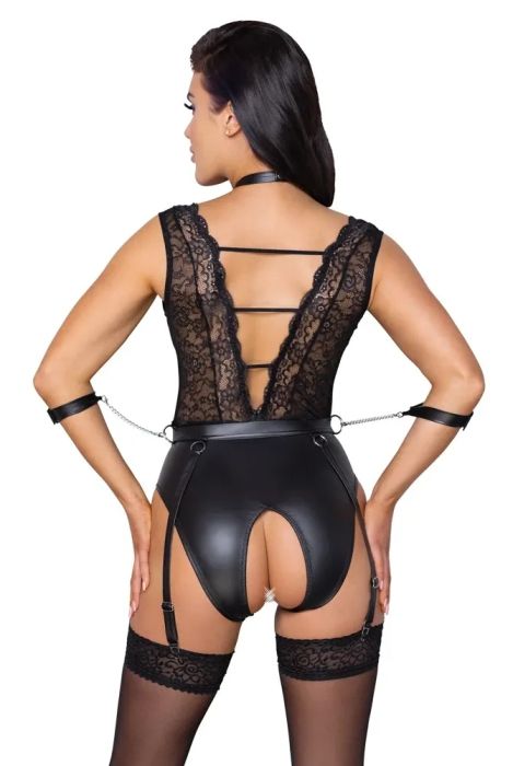 Cottelli BONDAGE Черно ouvert боди с дантела, подвижен колан и маншети S/M