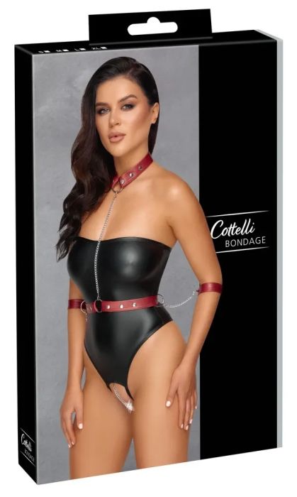 Cottelli BONDAGE Black Ouvert Bodysuit with Red Harness, Cuffs & Chain S/M