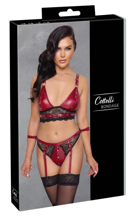 Cottelli BONDAGE Red & Black Bralette and Suspender Brief Set with Restraint Straps S/M