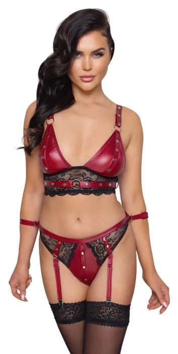 Cottelli BONDAGE Red & Black Bralette and Suspender Brief Set with Restraint Straps S/M