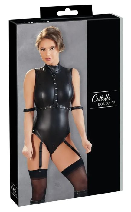 Cottelli BONDAGE Black Suspender Bodysuit with Restraint Straps & Two-Way Zip S/M