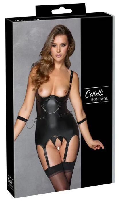 Cottelli BONDAGE Black Open-Bust Basque Set with Ouvert String & Soft Cuffs S/M