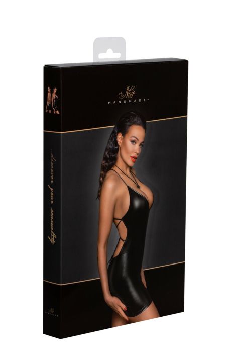 Noir Handmade F252 Black Powerwetlook Mini Dress with Open Back & Lacing S/M