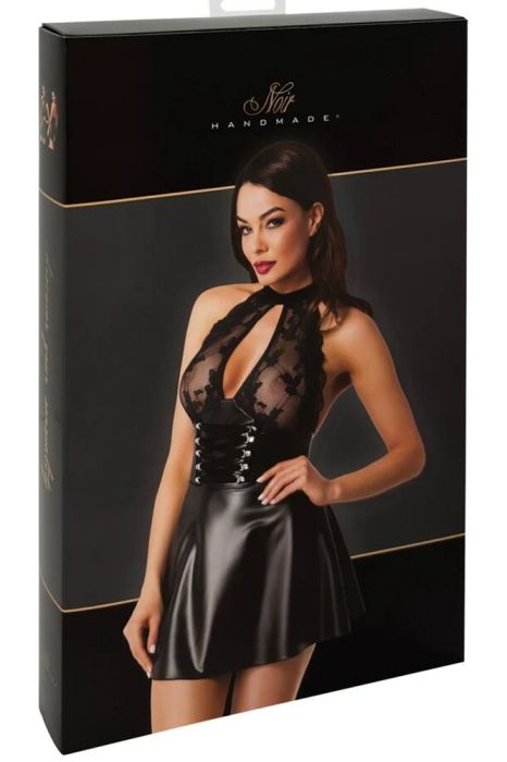 Noir Handmade Orgia Black Lace Mini Dress with Powerwetlook Skirt & Corset Lacing S/M