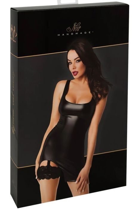 Noir Handmade Velvetine Black Powerwetlook Mini Dress with Lace Garter S/M