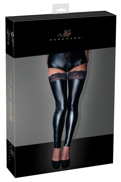 Noir Handmade Black Footless Powerwetlook Stockings with Lace S/M