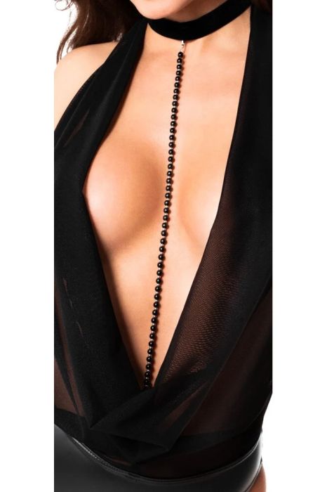 Noir Handmade Черно халтер боди с дълбоко деколте и подвижна перлена верижка S/M