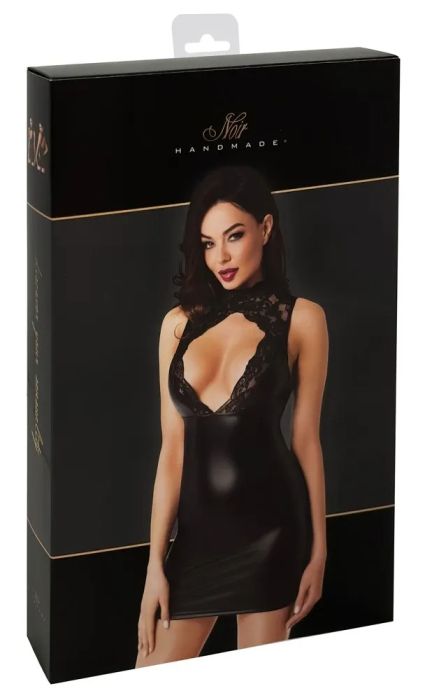 Noir Handmade Pandora Black Powerwetlook Mini Dress with Lace & Cut-Out Neckline S/M