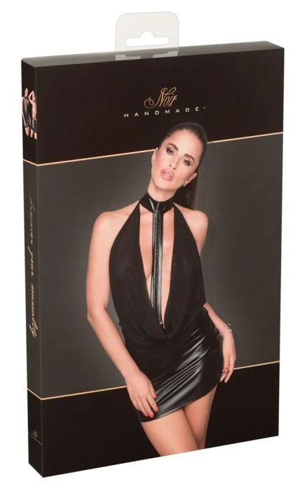 Noir Handmade Black Powerwetlook Mini Dress with Sheer Top & Rhinestones S/M