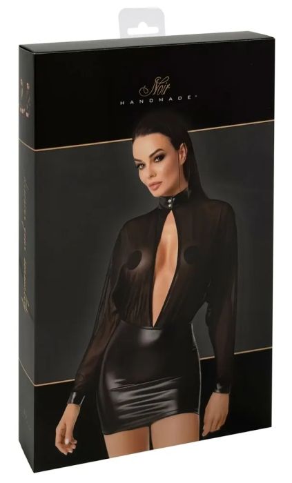 Noir Handmade Black Mini Dress with Sheer Tulle & Powerwetlook Skirt S/M