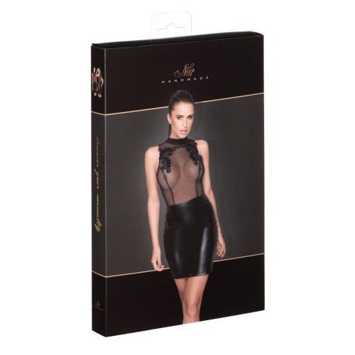 Noir Handmade Black Powerwetlook Mini Dress with Sheer Tulle & Embroidery S/M