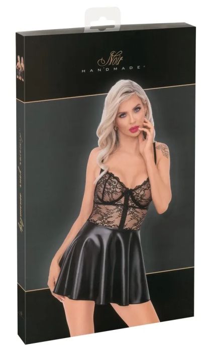 Noir Handmade Black Mini Dress with Lace Top & Flared Powerwetlook Skirt S/M