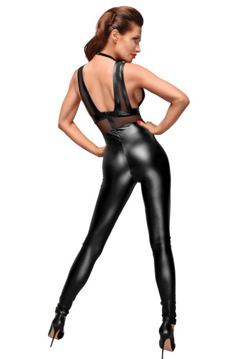Noir Handmade Черен Powerwetlook гащеризон с прозрачни вложки и регулируема лента S/M