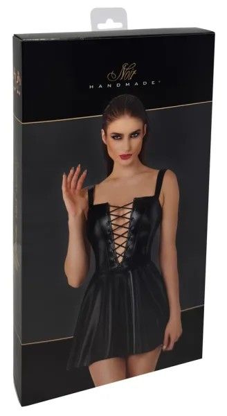 Noir Handmade Black Powerwetlook Mini Dress with Lacing & Flared Skirt S/M