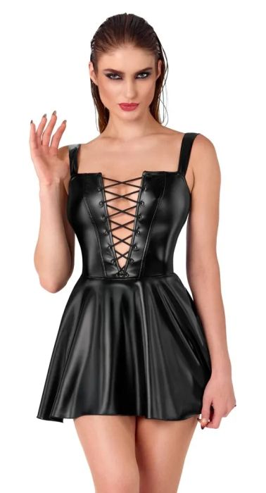 Noir Handmade Black Powerwetlook Mini Dress with Lacing & Flared Skirt S/M