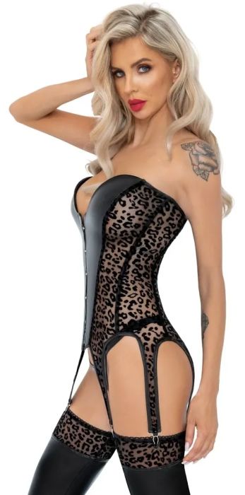 Noir Handmade Черен корсет с леопардов флок принт и шест жартиерни ленти S/M