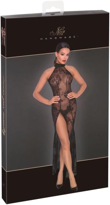 Noir Handmade Черна дълга прозрачна рокля с кадифен флорален принт S/M