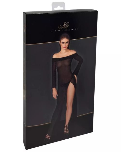 Noir Handmade Черна прозрачна дълга рокля с блясък и висок цеп S/M