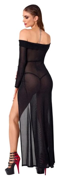 Noir Handmade Черна прозрачна дълга рокля с блясък и висок цеп S/M
