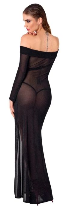 Noir Handmade Черна прозрачна дълга рокля с блясък и висок цеп S/M