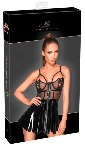 Noir Handmade Черна винилова мини рокля с прозрачен корсет и разкроена пола S/M