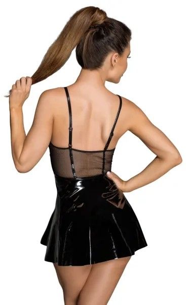 Noir Handmade Черна винилова мини рокля с прозрачен корсет и разкроена пола S/M