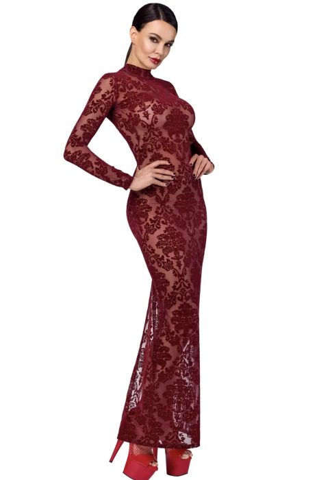 Noir Handmade Kinky Royal Дълга рокля в бордо с кадифен флорален принт S/M