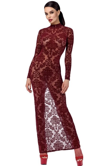 Noir Handmade Kinky Royal Дълга рокля в бордо с кадифен флорален принт S/M