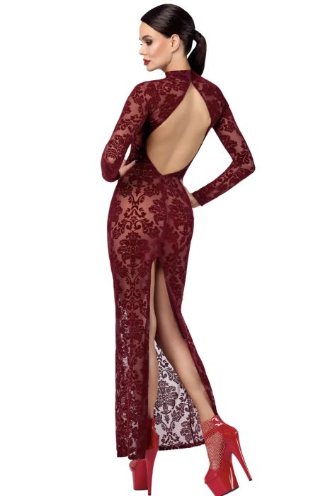 Noir Handmade Kinky Royal Дълга рокля в бордо с кадифен флорален принт S/M