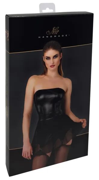 Noir Handmade Черна мини рокля с корсетна горна част, тюлена пола и жартиери S/M