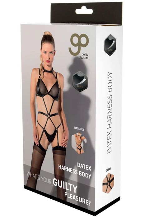 Guilty Pleasure черно Datex харнес боди с мрежести чашки и жартиери S/M
