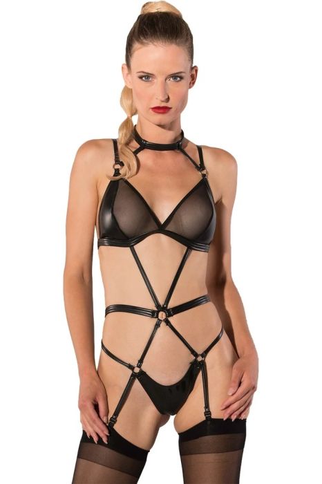 Guilty Pleasure черно Datex харнес боди с мрежести чашки и жартиери S/M