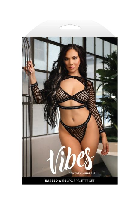 Fantasy Lingerie Vibes Barbed Wire Black 3-Piece Fishnet Bralette Set S/M