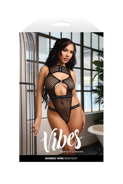 Fantasy Lingerie Barbed Wire Black Fishnet Bodysuit with Metallic Print S/M