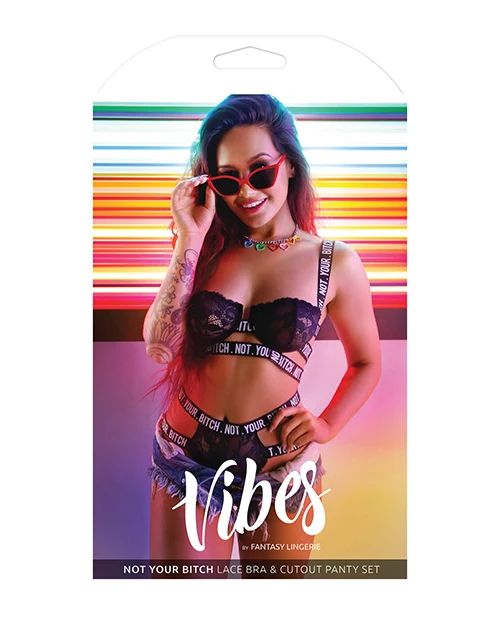 Fantasy Lingerie Vibes Not Your Bitch Black Lace Cage Bra & Cutout Panty Set S/M