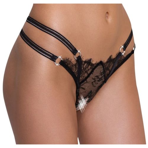 Cottelli Lingerie черни дантелени прашки с отворено дъно и кристални халки S/M